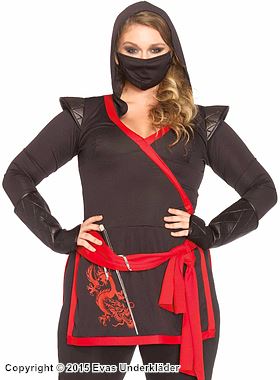 Weibliche Ninja (auch Kunoichi genannt), Kostüm-Oberteil und -Hose, Kapuze, Schärpe, Drachen, XL bis 4XL